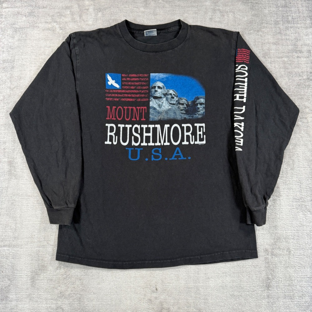 Mount Rushmore Shirt Mens Medium Black Vintage 90s Long Sleeve South Dakota